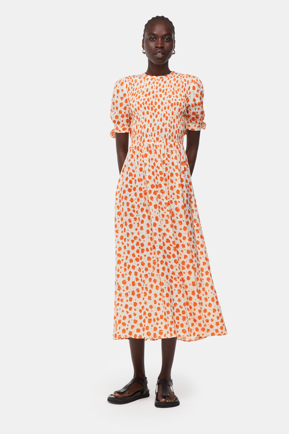 Orange Spot Shirred Midi Dress